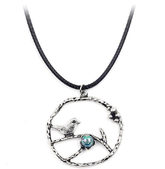 AZ135 Silver Bird Blue Iridescent Bead on Leather Cord Necklace with Free Earrings