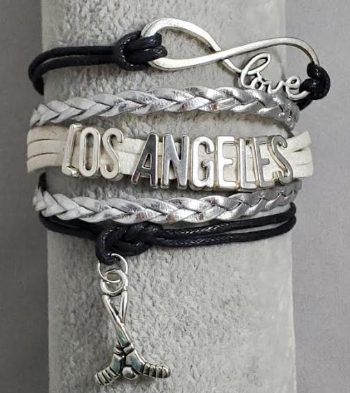 AZ1159 Black White & Silver Los Angeles Hockey Infinity Layer Leather Bracelet