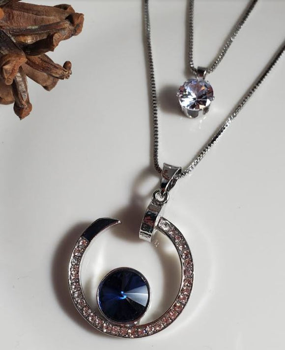 N2199 Silver Rhinestone Circle Blue Gemstone Necklace with FREE Earrings - Iris Fashion Jewelry