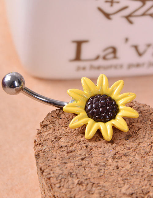 P138 Silver Yellow Flower Belly Button Ring - Iris Fashion Jewelry