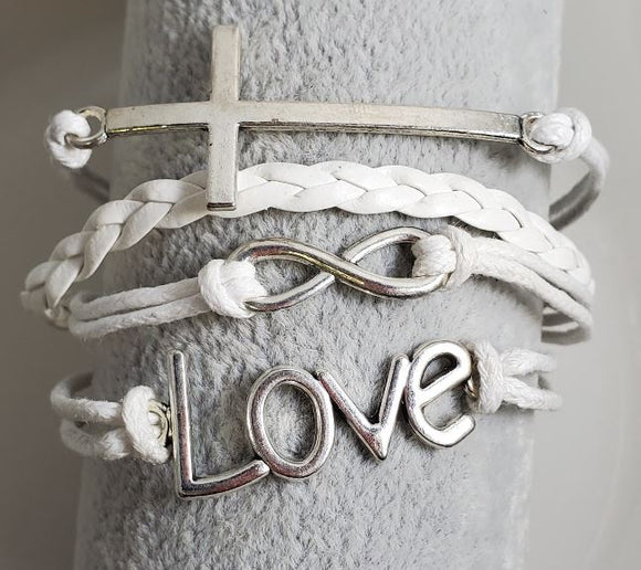 AZ588 White Cross Love Infinity Leather Layer Bracelet