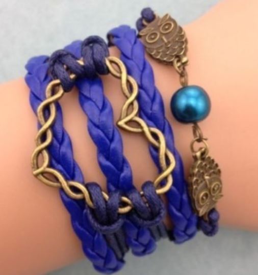 AZ628 Blue Heart Owl Pearl Infinity Leather Layer Bracelet