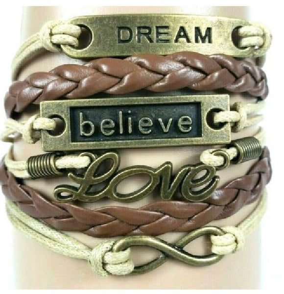 AZ1219 Brown & Beige Dream Believe Love Infinity Layer Leather Bracelet