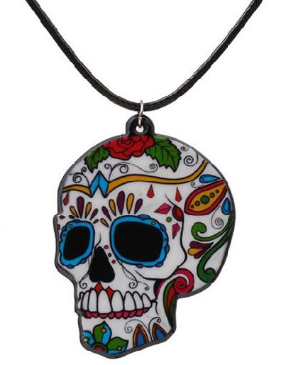 N1302 Colorful Sugar Skull on Leather Cord Necklace with FREE Earrings - Iris Fashion Jewelry
