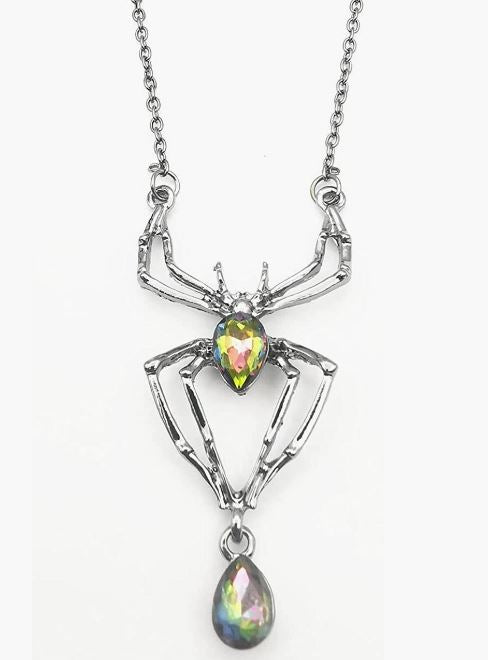 AZ778 Gun Metal Iridescent Gemstone Spider Necklace with FREE EARRINGS