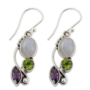 *E924 Silver Clear Purple Green Gem Earrings - Iris Fashion Jewelry