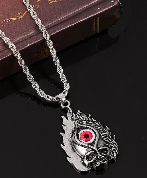 N435 Silver Skull Flames Red Eye Necklace - Iris Fashion Jewelry