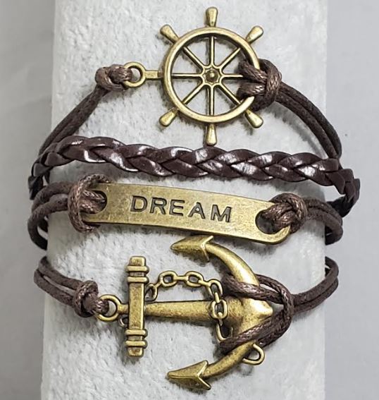 AZ739 Brown Dream Anchor Ship Wheel Infinity Leather Layer Bracelet