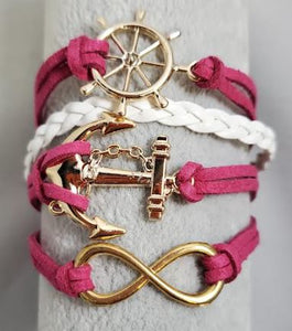 AZ331 Hot Pink & White Ship Wheel Anchor Infinity Layer Leather Bracelet