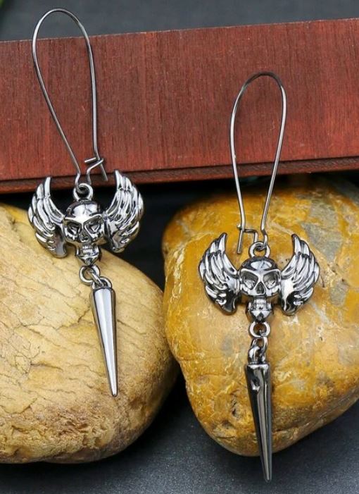 E1079 Silver Color Winged Skull with Spike Earrings