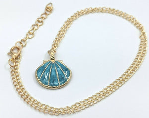 N316 Gold Blue Shimmer Seashell Necklace with Free Earrings