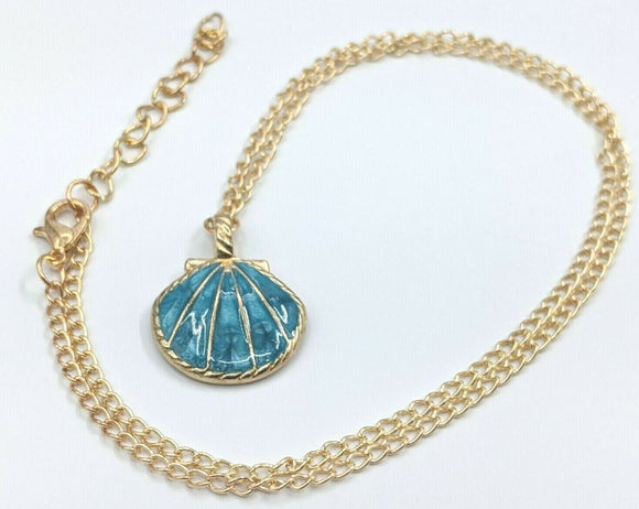 N316 Gold Blue Shimmer Seashell Necklace with Free Earrings