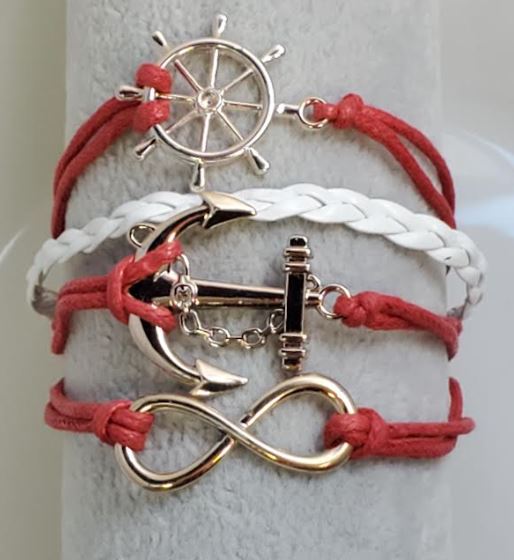 B747 Red & White Ship Wheel Anchor Infinity Layer Leather Bracelet