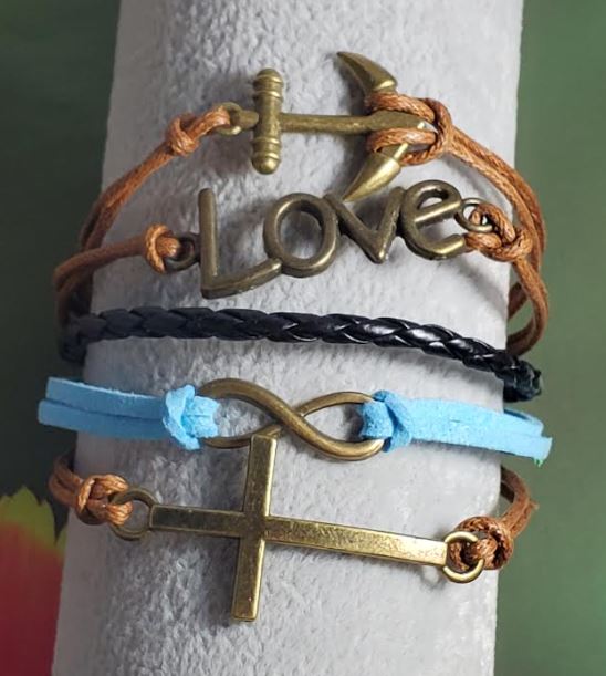 B1059 Brown/Blue/Black Cross Anchor Love Leather Bracelet - Iris Fashion Jewelry