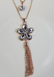 AZ184 Rose Gold Gemstone Flower Tassel Necklace with FREE Earrings