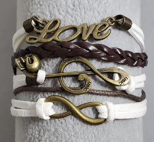 AZ760 Brown & White Love Music Note Infinity Leather Layer Bracelet