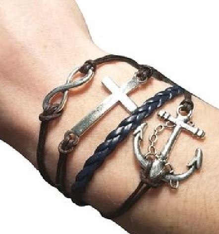 AZ1194 Black Cross Anchor Infinity Leather Layer Bracelet