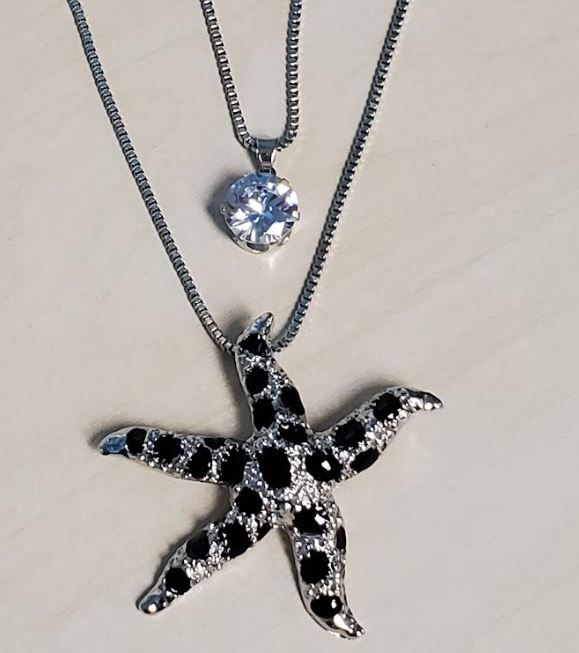 N1463 Silver Starfish Black Accent Necklace with FREE Earrings - Iris Fashion Jewelry