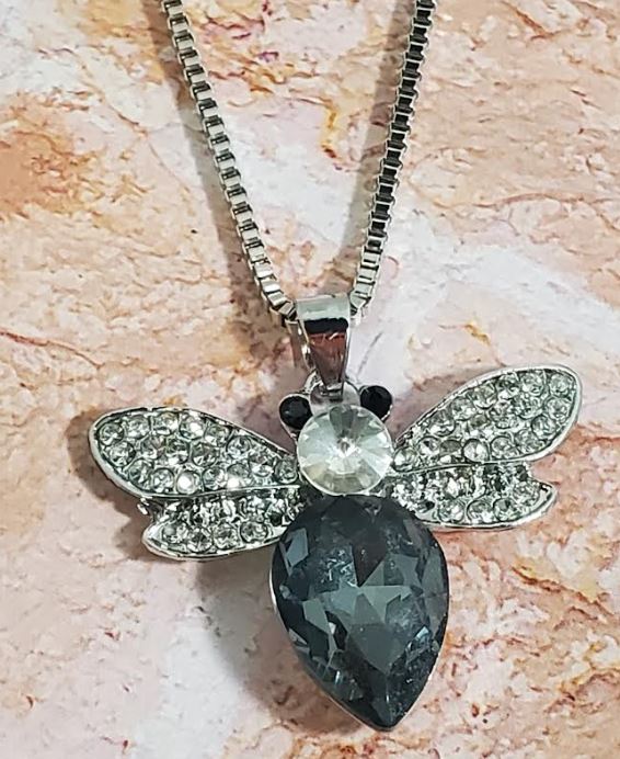 AZ470 Silver Gray Gemstone Firefly Necklace with FREE EARRINGS