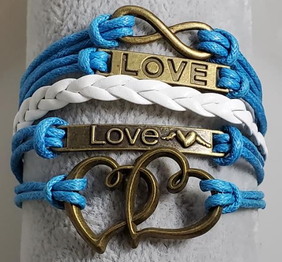 AZ498 Turquoise & White Love Heart Infinity Leather Layer Bracelet