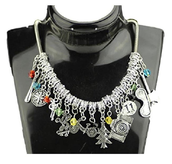 AZ387 Silver 20 Charm Chain Necklace with Free Earrings SUPER VALUE!