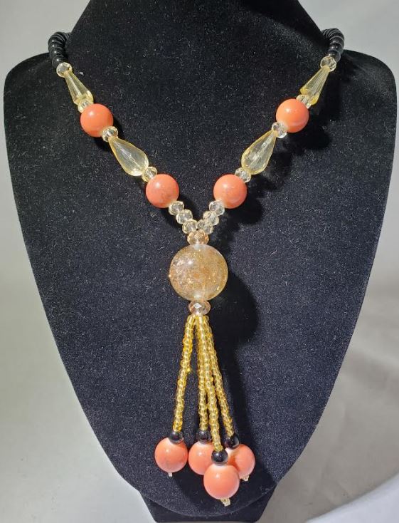 N2109 Peach Crackle Bead Glass Long Necklace With Free Earrings - Iris Fashion Jewelry