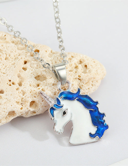 L527 Silver Baked Enamel Royal Blue Unicorn Necklace with FREE Earrings - Iris Fashion Jewelry