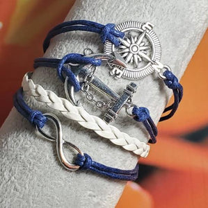 B1145 Blue & White Compass Anchor Layer Leather Bracelet - Iris Fashion Jewelry