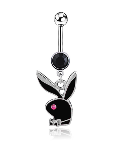 P152 Silver Black Enamel Bunny Rabbit Belly Button Ring - Iris Fashion Jewelry
