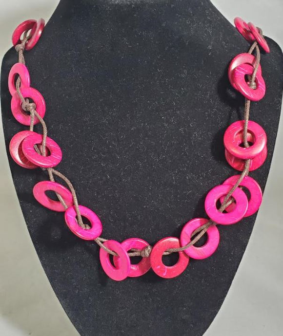 N2196 Hot Pink Wooden Loops Necklace with FREE EARRINGS - Iris Fashion Jewelry