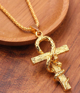 N1318 Gold Ankh Cross with Snake Pendant Necklace