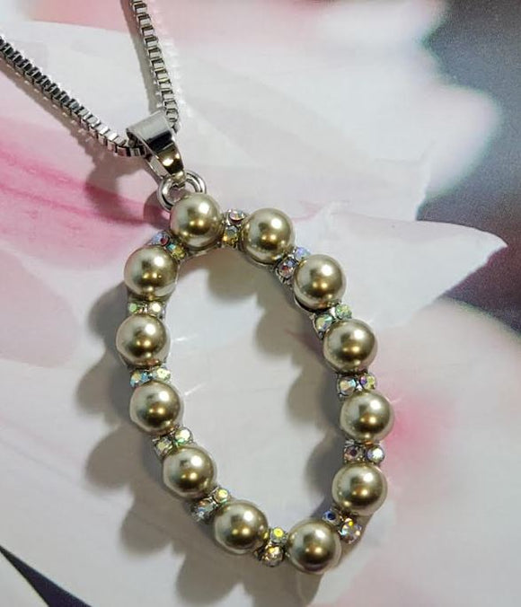 AZ748 Silver Champagne Pearl Oval Necklace with FREE Earrings