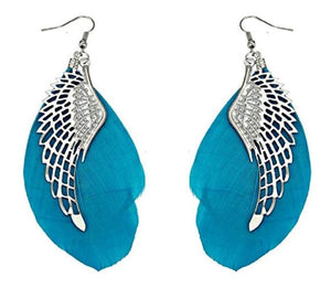 *E342 Large Silver Wing with Turquoise Feather Earrings