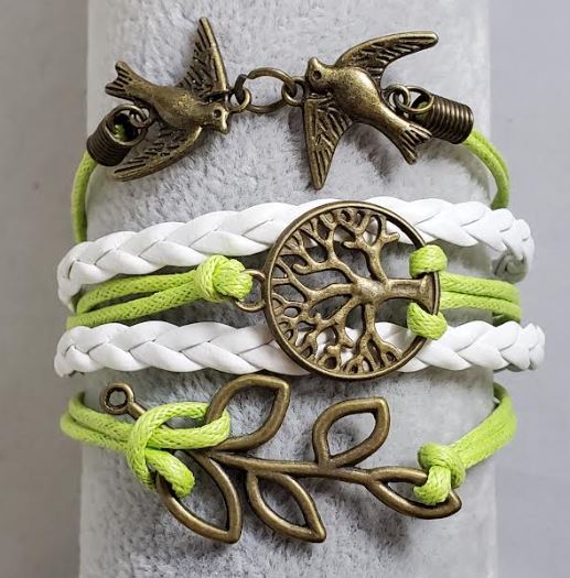 AZ1368 Lime Green & White Dove Tree Leaf Infinity Layer Leather Bracelet