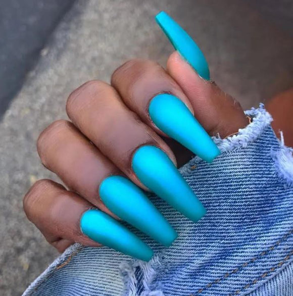 NS347 Extra Long Nails Coffin Press On Matte Pearl Blue 22 Pieces - Iris Fashion Jewelry