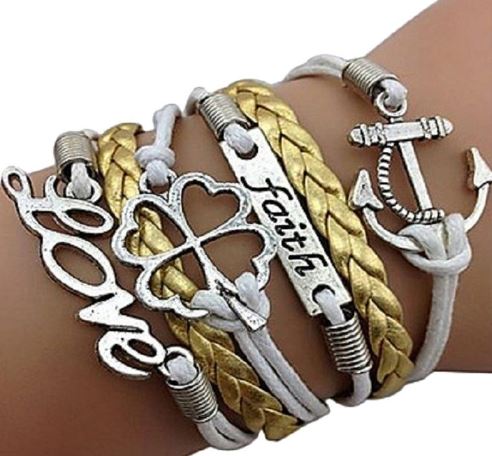 AZ1271 White & Gold Faith Clover Love Anchor Infinity Layer Leather Bracelet