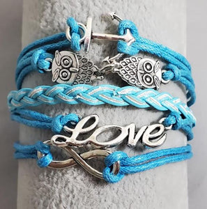 AZ1163 Light Blue Love Owl Anchor Infinity Layer Leather Bracelet