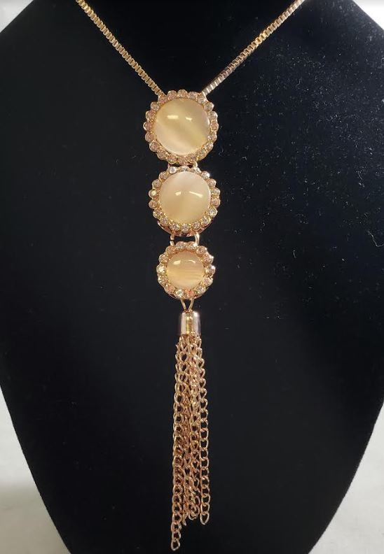 AZ242 Rose Gold Triple Moonstone Rhinestone Tassel Necklace with FREE EARRINGS