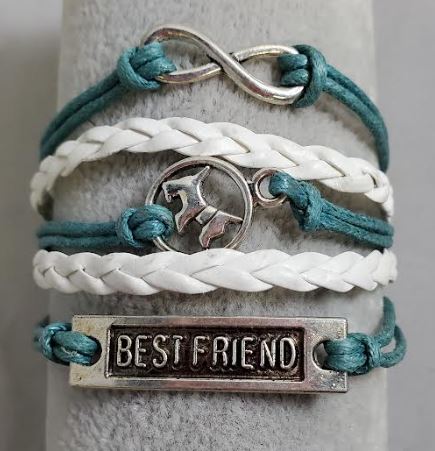 AZ1350 Teal & White Best Friend Dog Infinity Layer Leather Bracelet