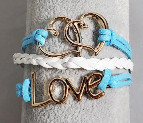 AZ1170 Light Blue & White Love Heart Infinity Layer Leather Bracelet
