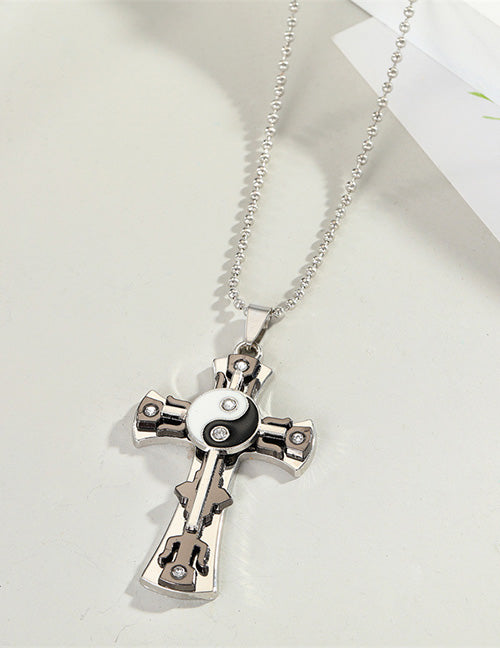 N317 Silver Gun Metal Cross Yin Yang Necklace - Iris Fashion Jewelry