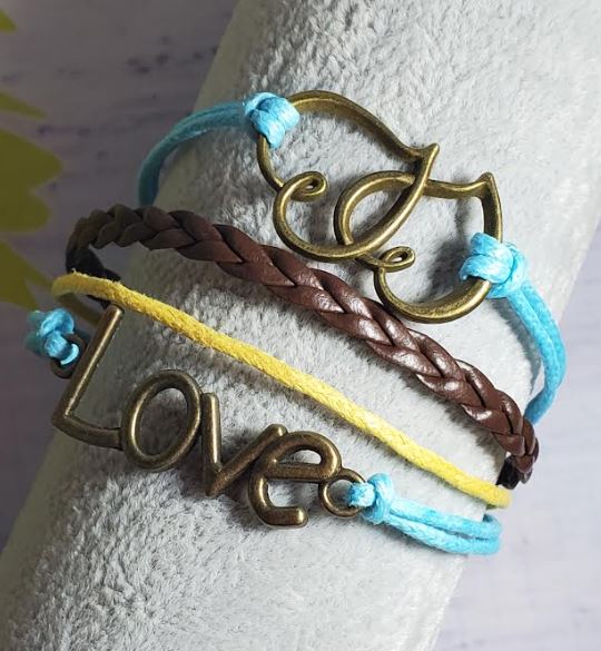 B1129 Light Blue Yellow Love Hearts Leather Bracelet - Iris Fashion Jewelry