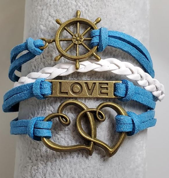 AZ1106 Turquoise & White Ship Wheel Love Heart Infinity Layer Leather Bracelet