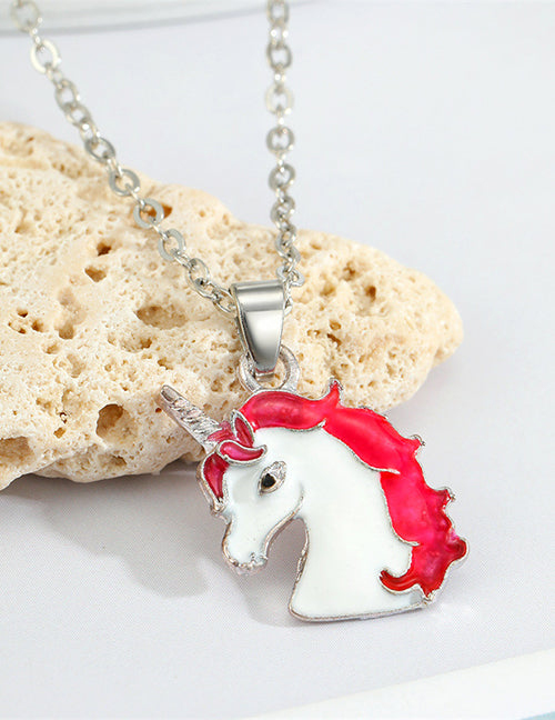 L25 Silver Baked Enamel Hot Pink Unicorn Necklace with FREE Earrings - Iris Fashion Jewelry