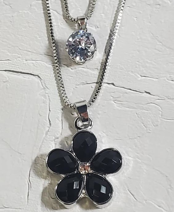 AZ405 Silver Black Gemstone Flower Necklace with FREE Earrings