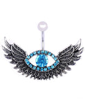 P158 Silver Blue Rhinestone Eye Wings Belly Button Ring - Iris Fashion Jewelry