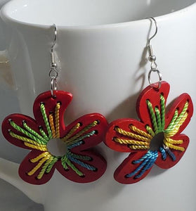 E1197 Red Flower Coconut Shell Wooden Earrings - Iris Fashion Jewelry