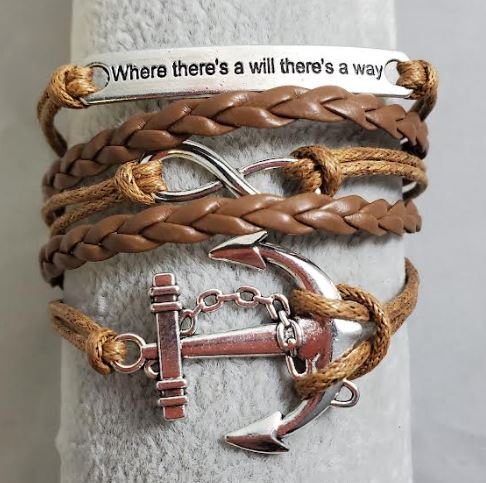 AZ1471 Brown Where There's A Will There's A Way Anchor Infinity Layer Leather Bracelet