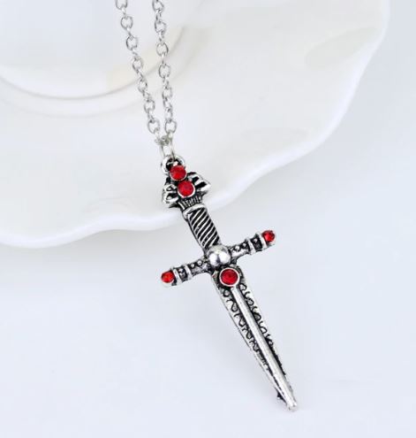 +AZ204 Silver Red Rhinestone Sword Necklace with FREE Earrings