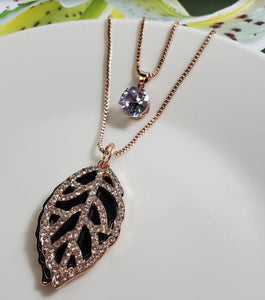 AZ1503 Rose Gold Black Rhinestone Leaf Necklace with FREE Earrings